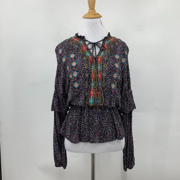 Savanna Jane Boho Top Women S Small Bell Sleeve Peplum Tiered Floral Keyhole Tie - Picture 2 of 11